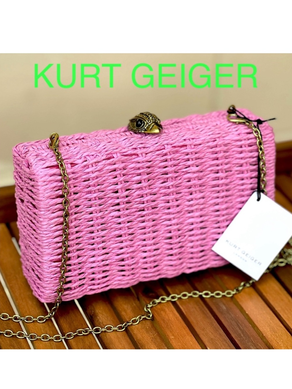 Kurt Geiger Kensington party clutch on chain woven paper straw pink NWT